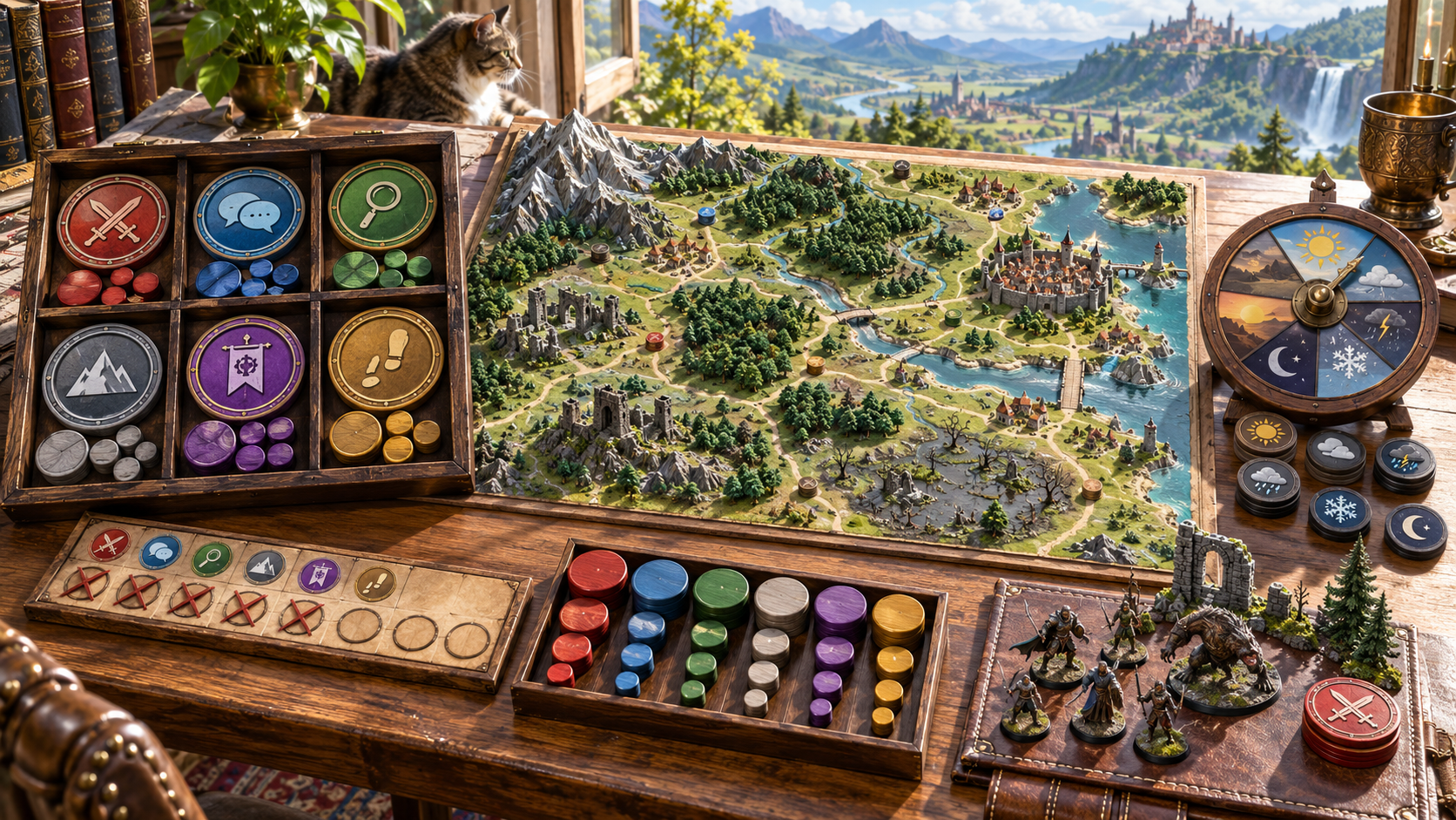 Illustration of a regional map with six event token groups a weather dial and a combat scene