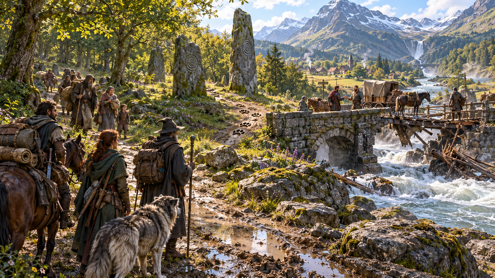 Illustration of adventurers following tracks toward travellers and a wagon on a river bridge