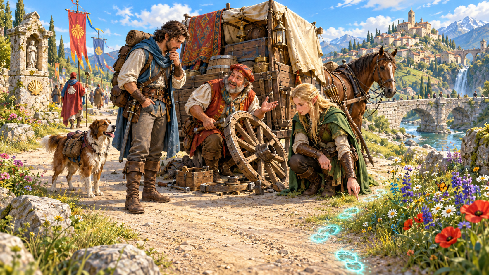 Illustration of adventurers helping repair a roadside wagon beside a dog and glowing footprints